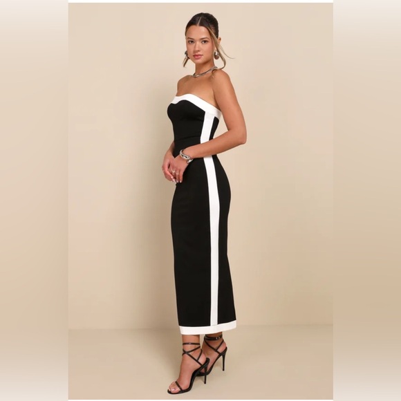 New Lulus Impressive Edge Black Color Block Strapless Midi Dress Size Large - Picture 3 of 5